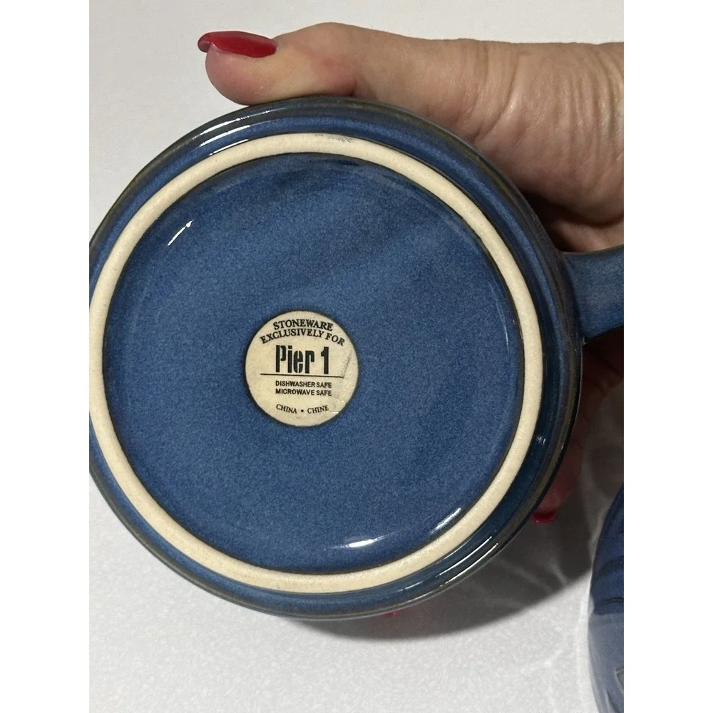Pier 1 Blue Glazed Stoneware Teapot for One Set Cup w Lid Embossed Floral Boho